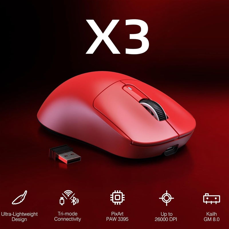 MANBASNAKE ATTACK SHARK X3 Wireless Gaming Mouse, 49g Ergonomic Computer Mouse, Triple Modes PAW3395 26K DPI Optical Sensor, 200h Battery Life, Programmable Buttons, Gaming Accessories for PC/Laptop/Mac (Red) - Image 2